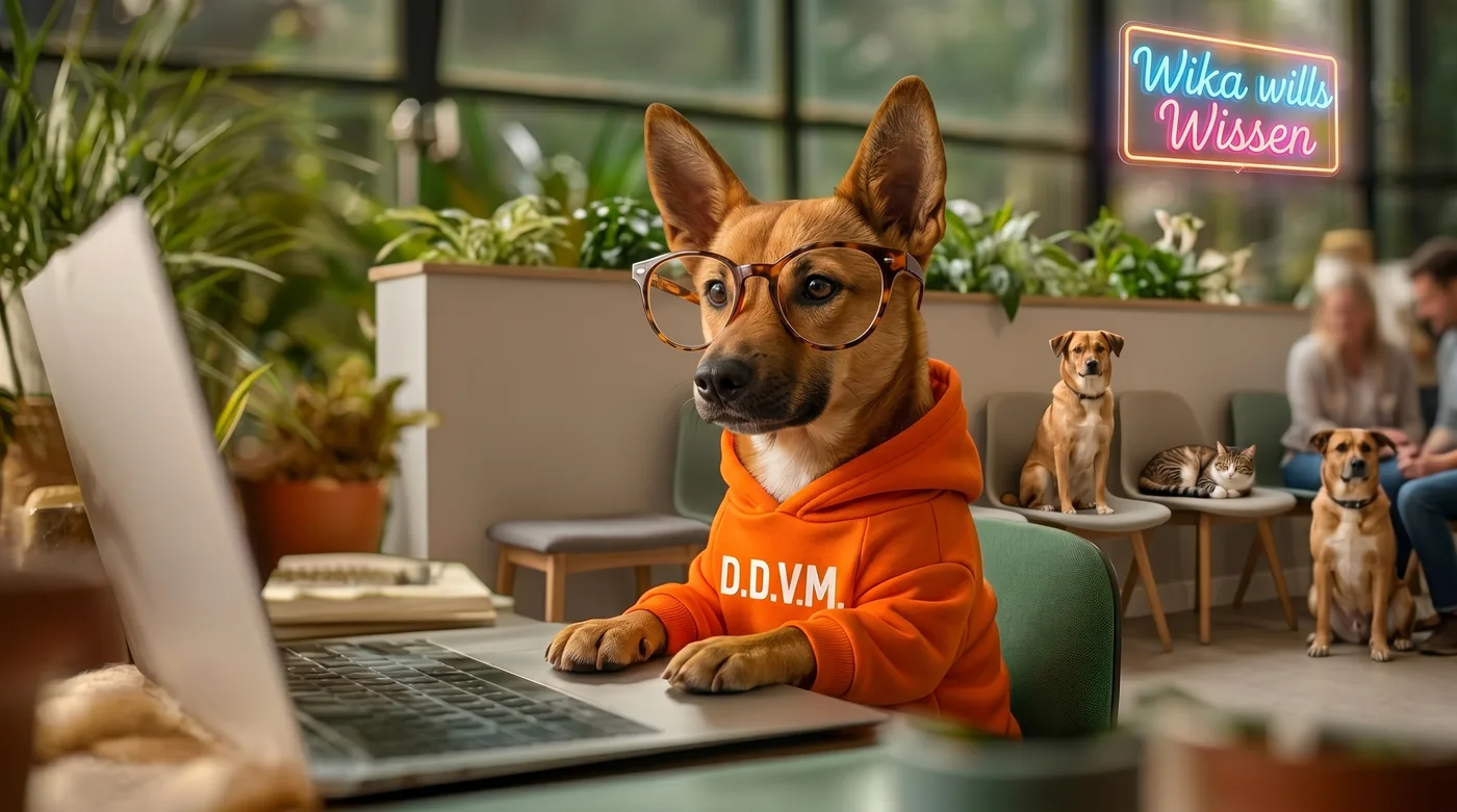 Illustration: Wika mit Brille im D.D.V.M.-Hoodie am Laptop