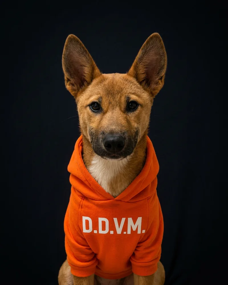 Porträt von Wika, hellbrauner Hund im orangefarbenen D.D.V.M.-Hoodie