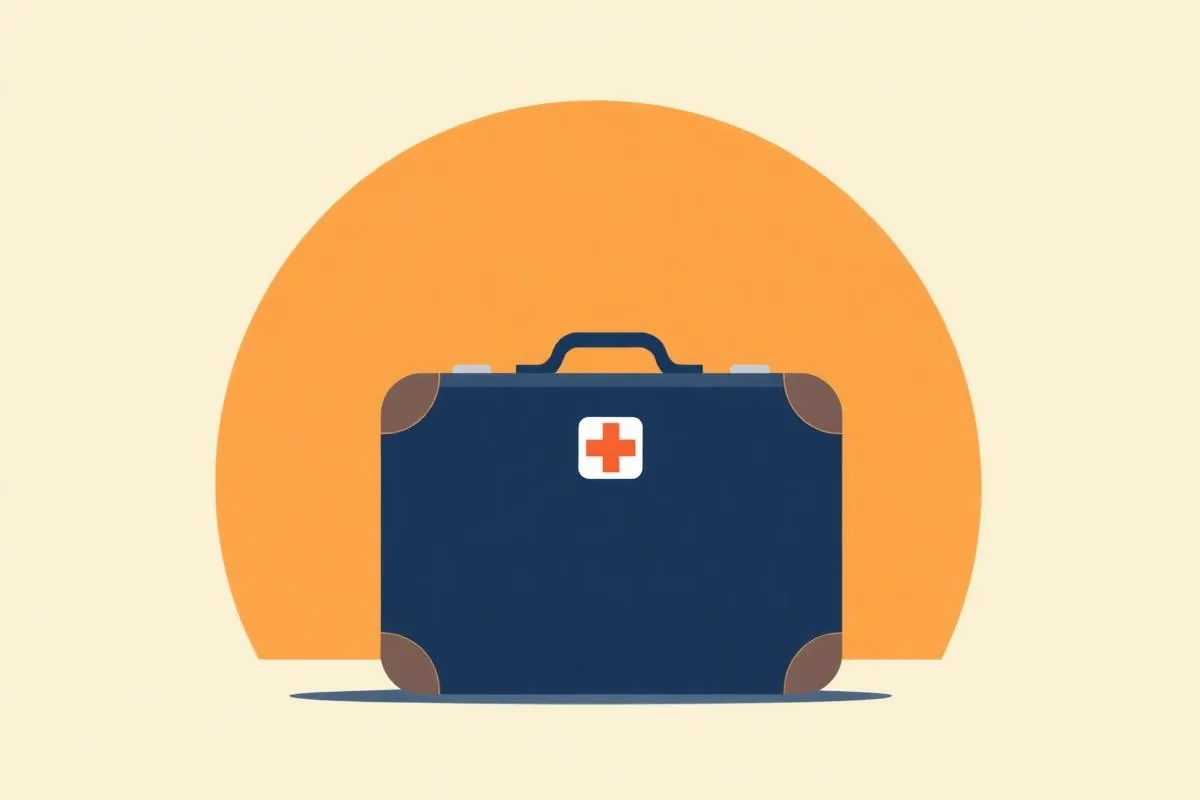 Illustration: Koffer mit Kreuz-Symbol