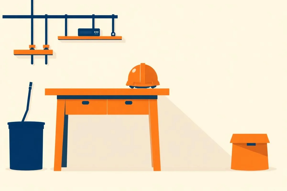 Illustration: Schutzhelm neben einer Werkbank